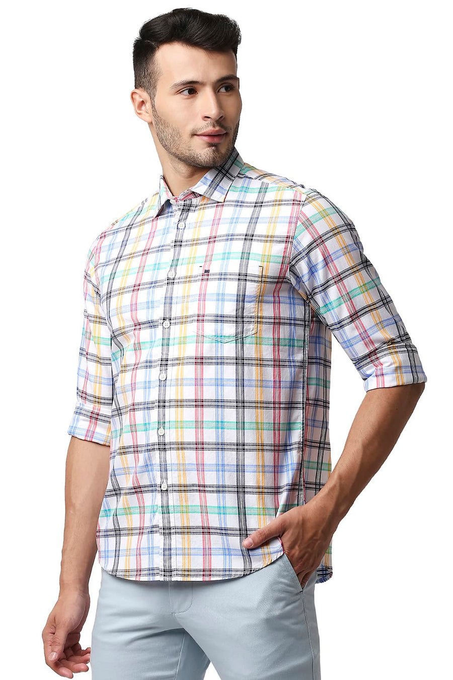 BASICS SLIM FIT WHITE ALYSSUM HERRING BONE TWILL CHECKS SHIRT