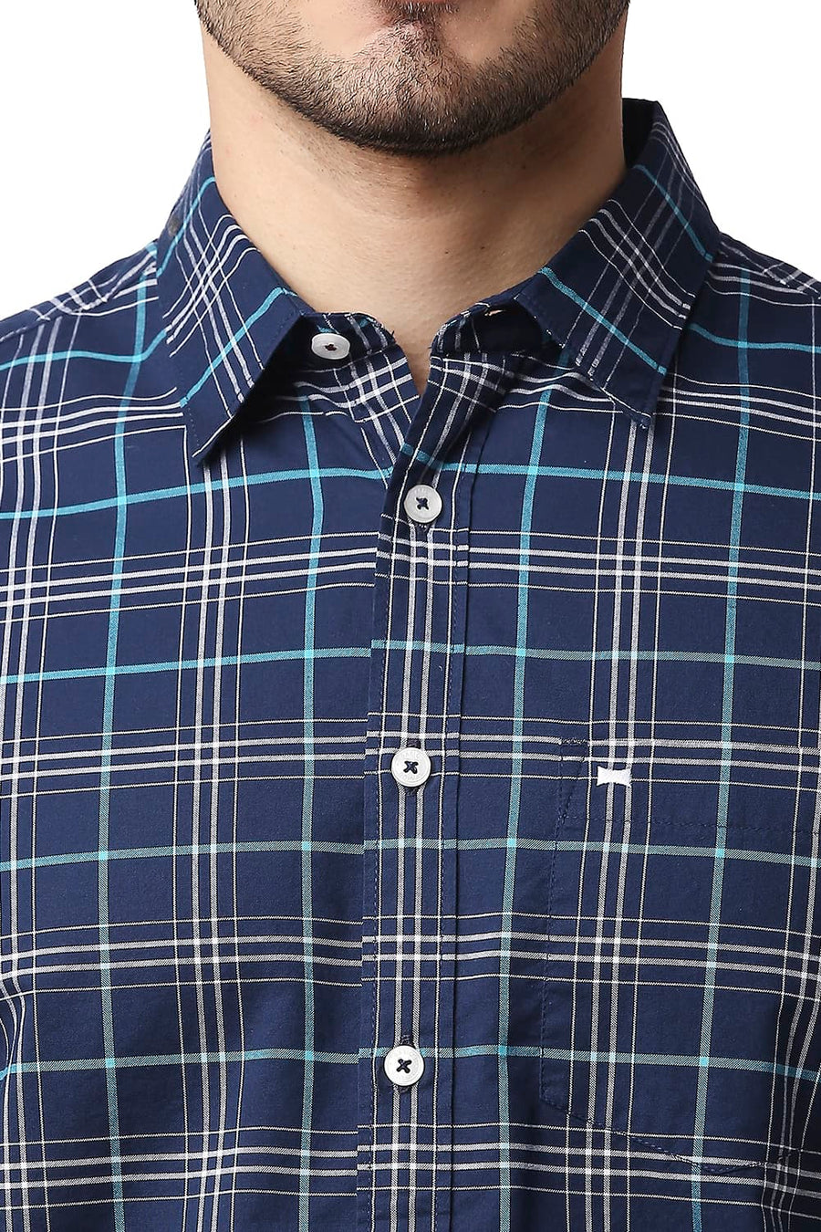 BASICS SLIM FIT INDIGO NAVY OXFORD CHECKS SHIRT