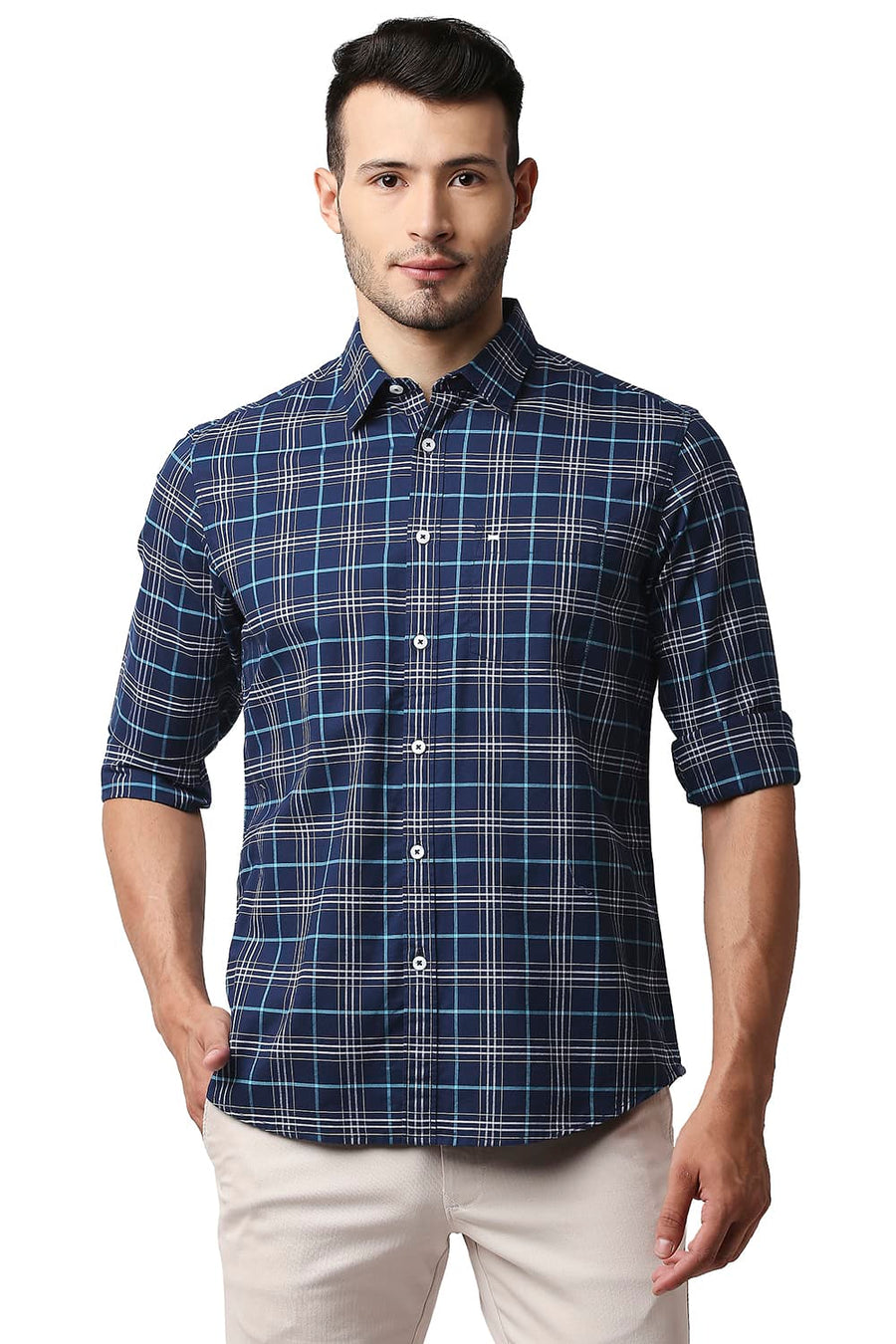 BASICS SLIM FIT INDIGO NAVY OXFORD CHECKS SHIRT