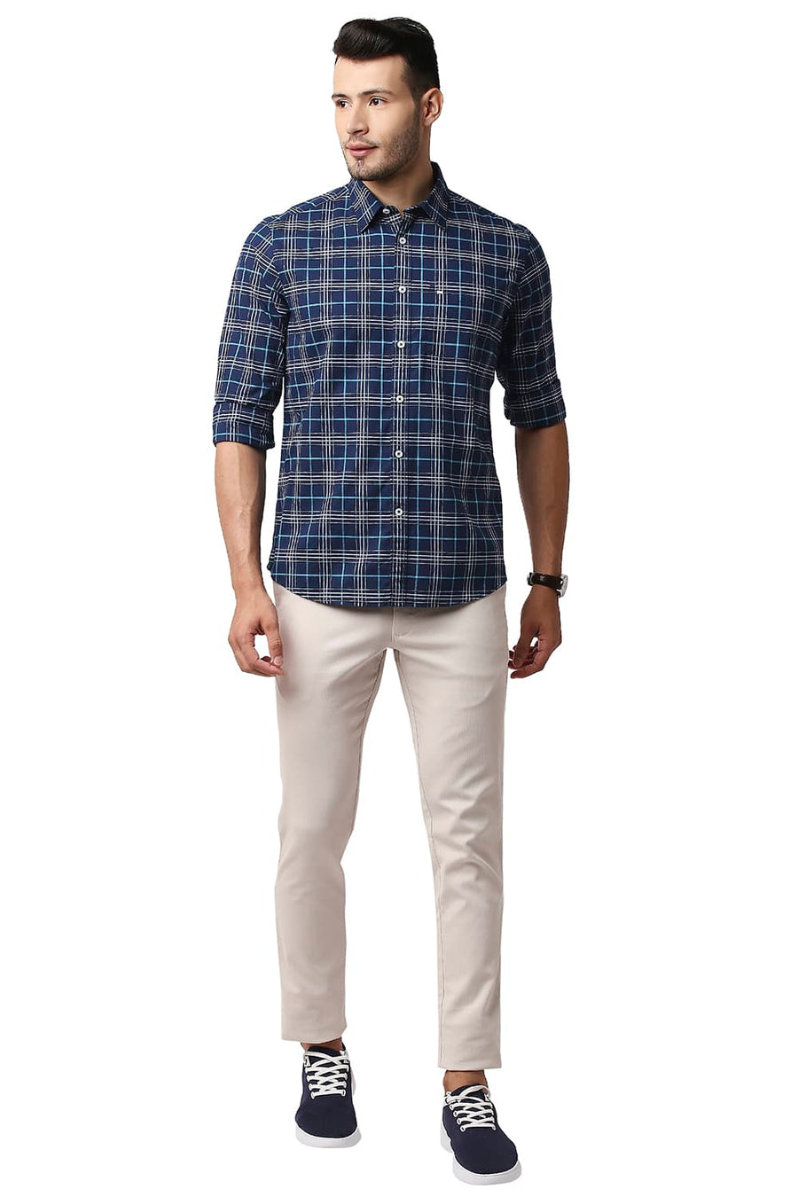 BASICS SLIM FIT INDIGO NAVY OXFORD CHECKS SHIRT