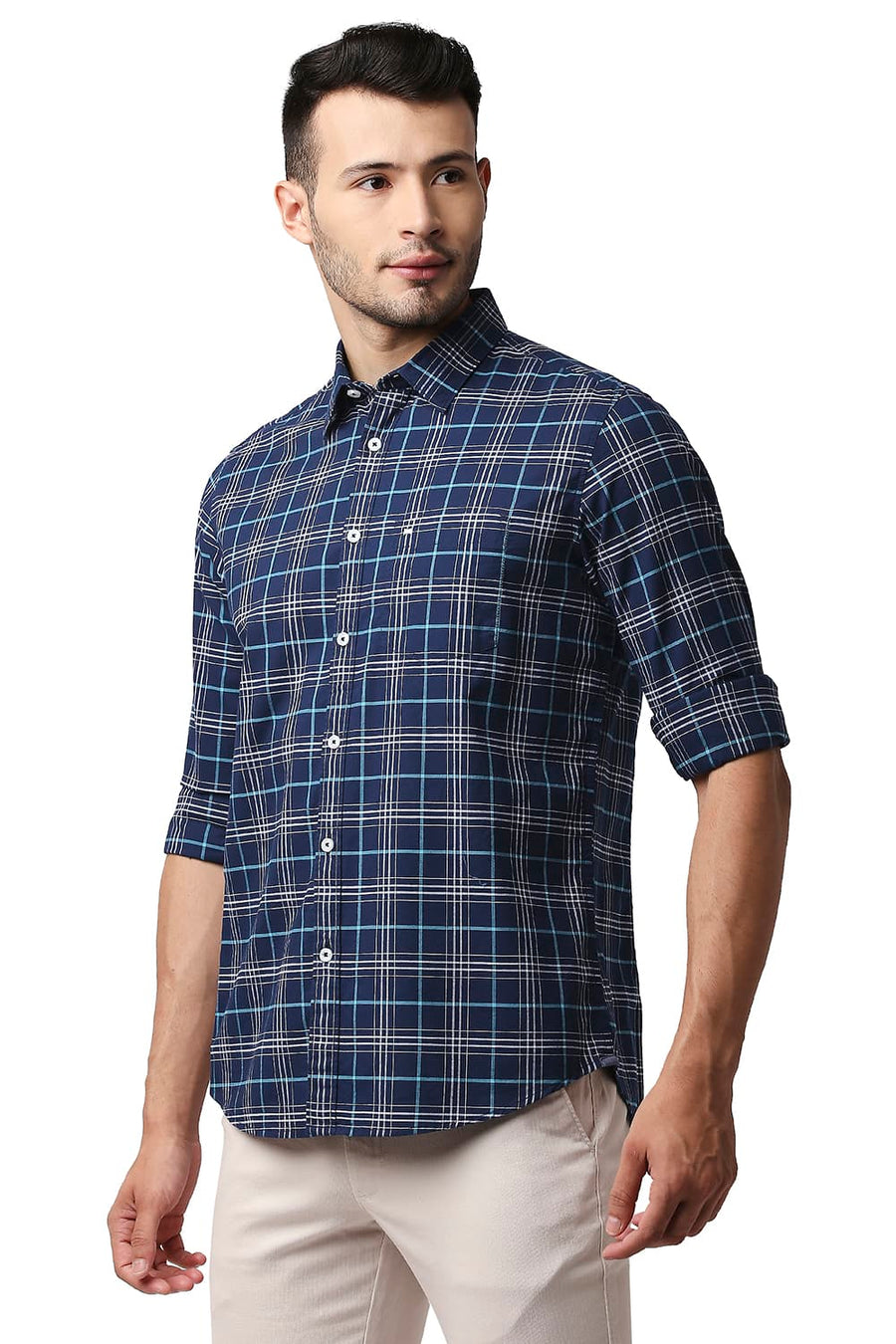 BASICS SLIM FIT INDIGO NAVY OXFORD CHECKS SHIRT