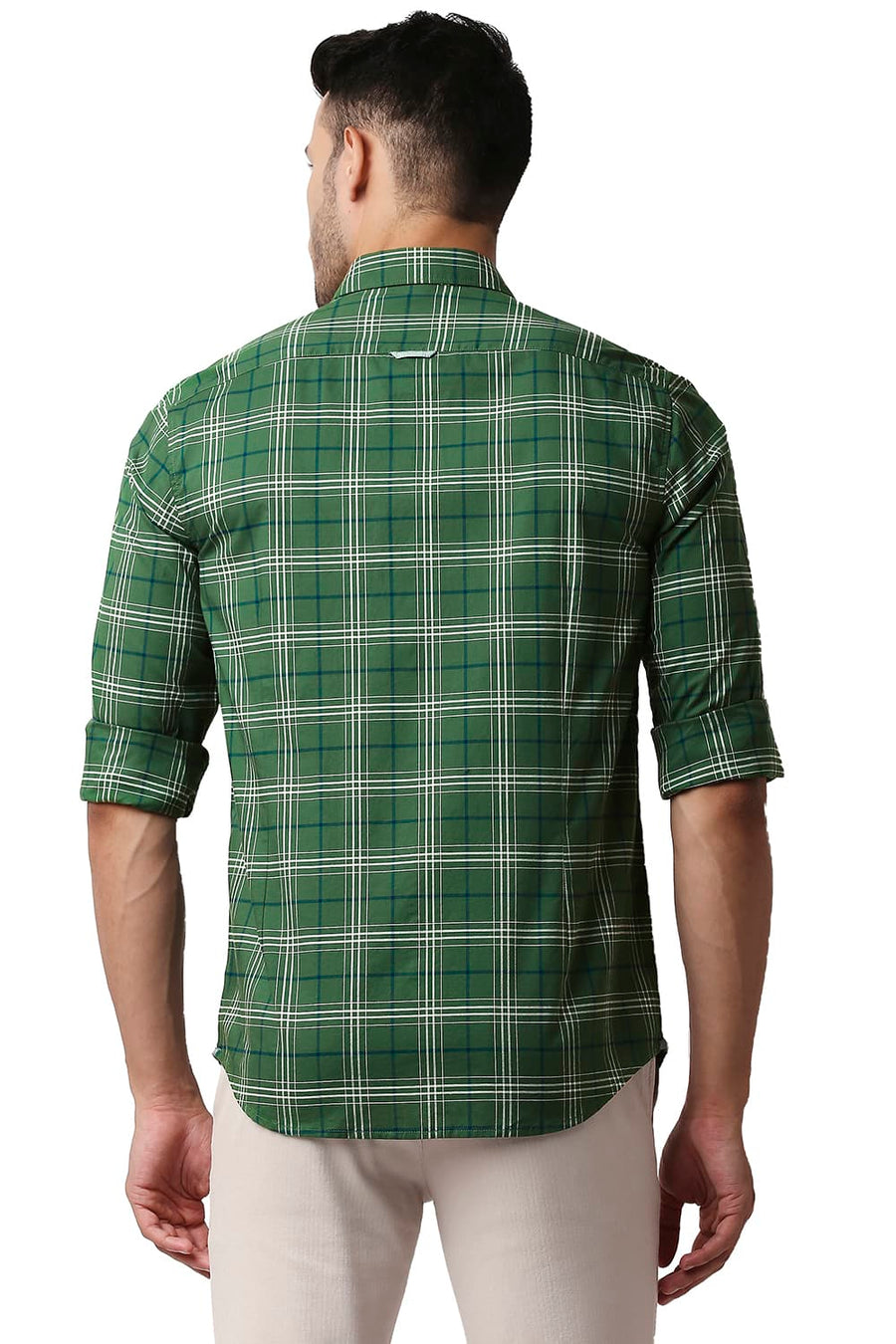 BASICS SLIM FIT ARTICHOKE GREEN OXFORD CHECKS SHIRT