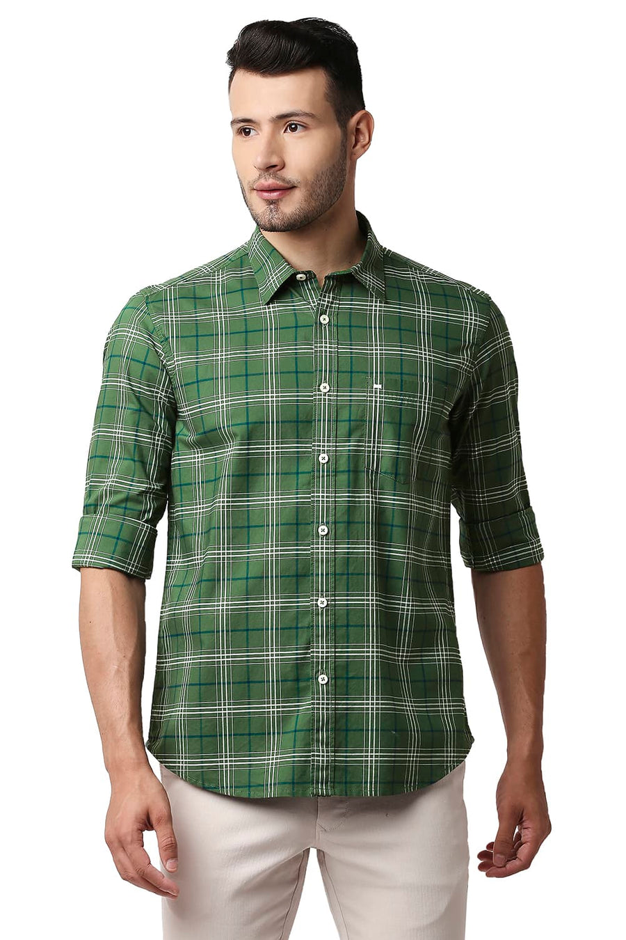 BASICS SLIM FIT ARTICHOKE GREEN OXFORD CHECKS SHIRT