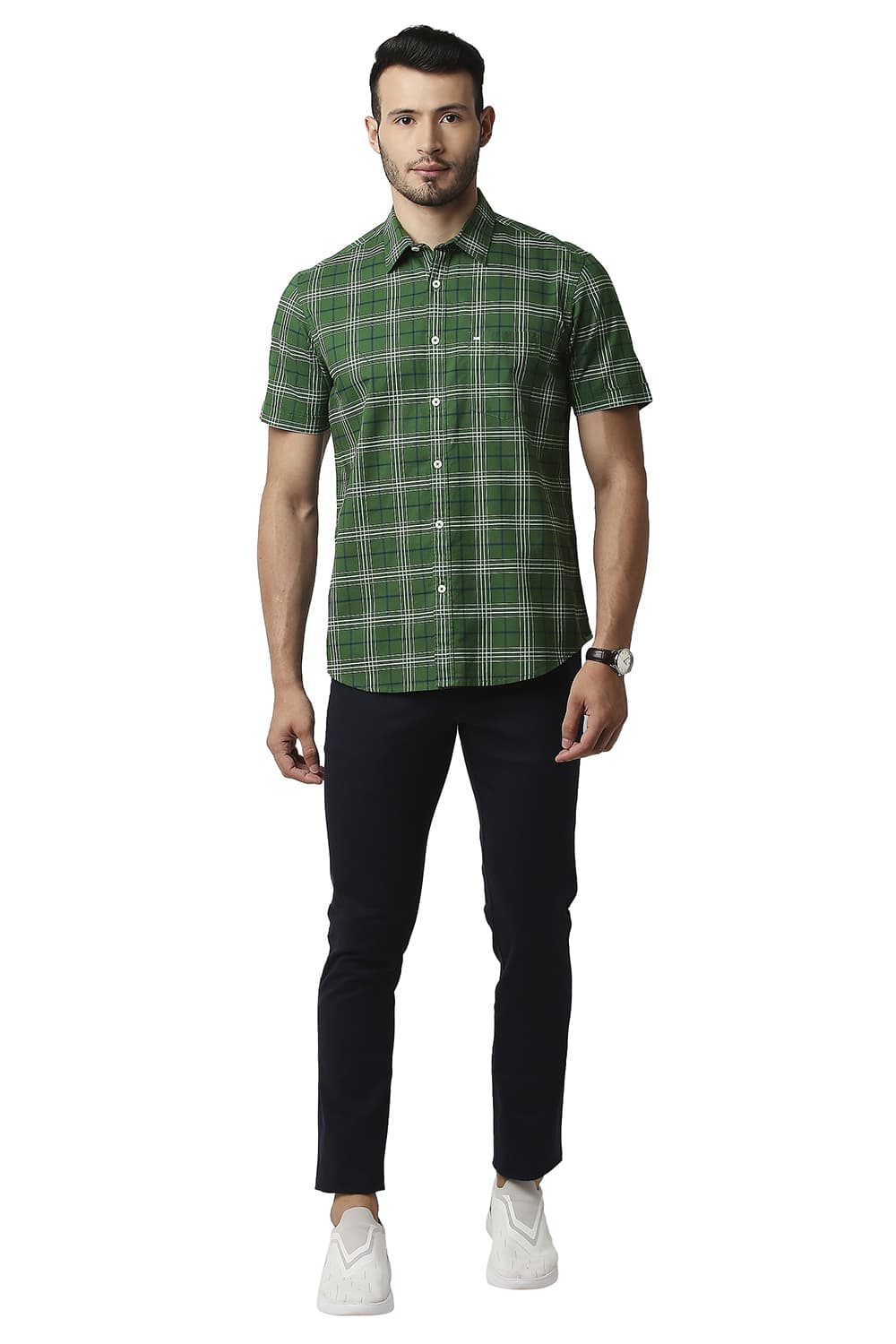 BASICS SLIM FIT OXFORD CHECKS HALFSLEEVES SHIRT