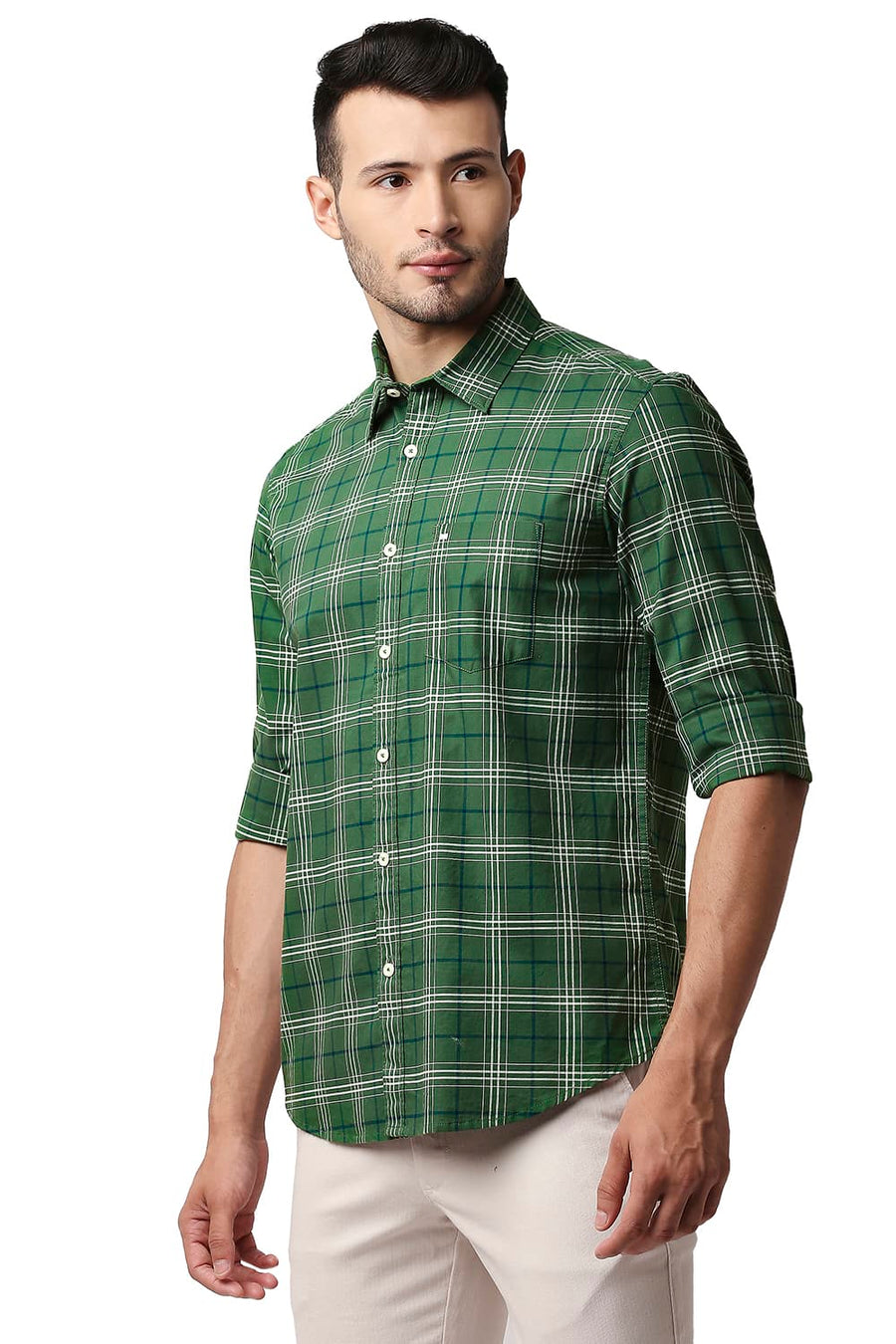 BASICS SLIM FIT ARTICHOKE GREEN OXFORD CHECKS SHIRT