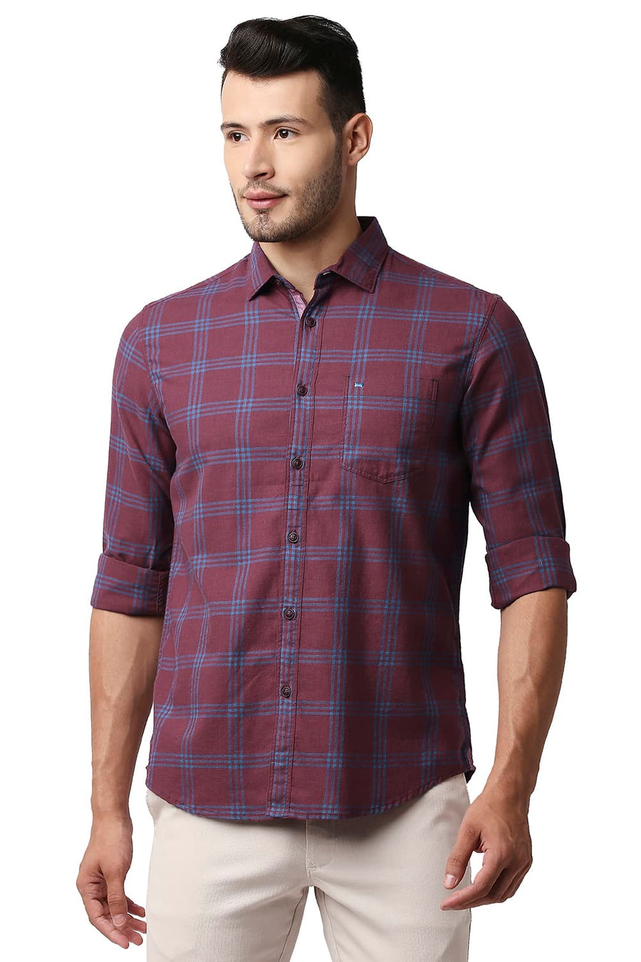 BASICS SLIM FIT EARTH RED MELANGE CHECKS SHIRT
