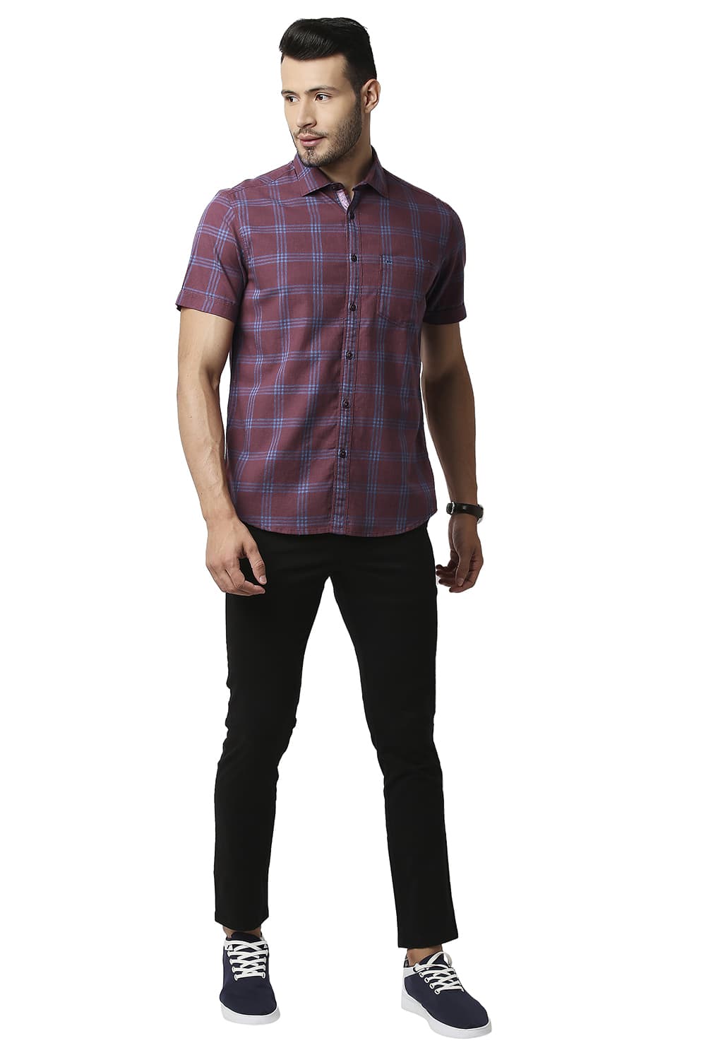 BASICS SLIM FIT MELANGE CHECKS HALFSLEEVES SHIRT