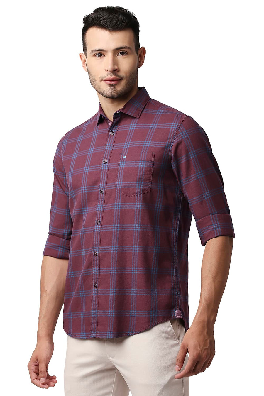 BASICS SLIM FIT EARTH RED MELANGE CHECKS SHIRT