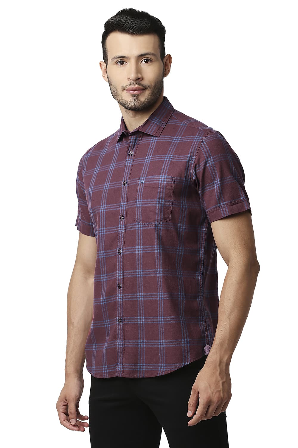 BASICS SLIM FIT MELANGE CHECKS HALFSLEEVES SHIRT