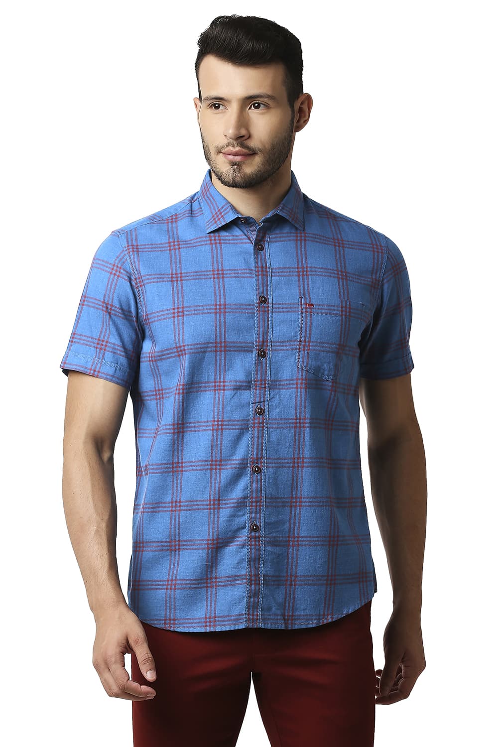 BASICS SLIM FIT MELANGE CHECKS HALFSLEEVES SHIRT