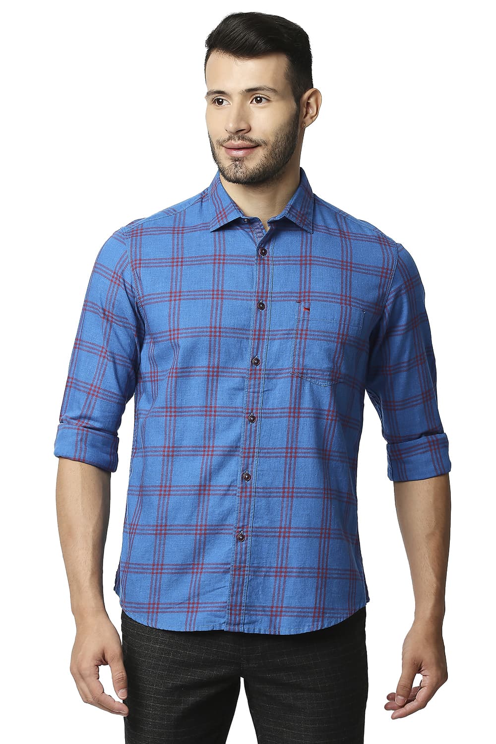 BASICS SLIM FIT MELANGE CHECKS SHIRT