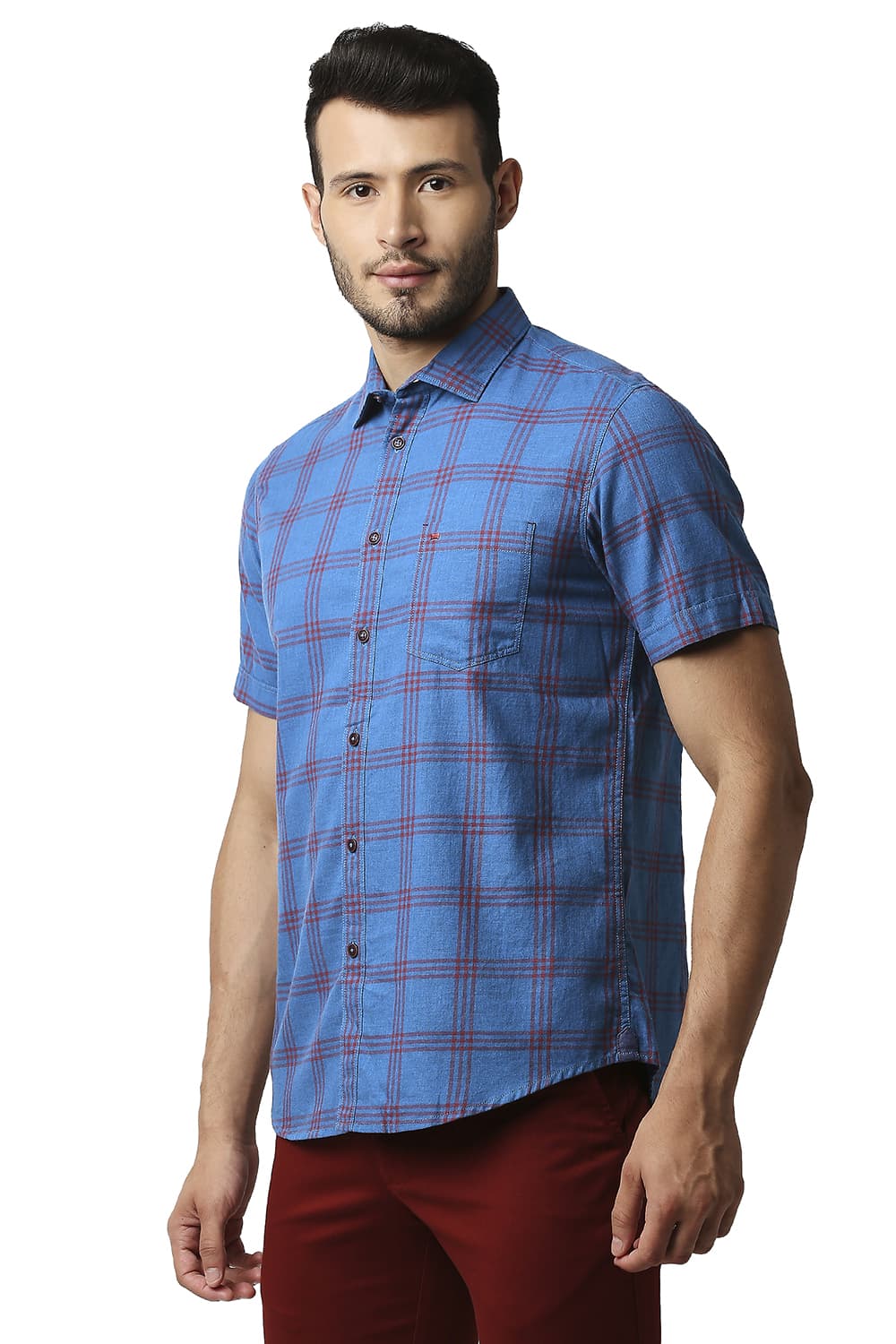 BASICS SLIM FIT MELANGE CHECKS HALFSLEEVES SHIRT