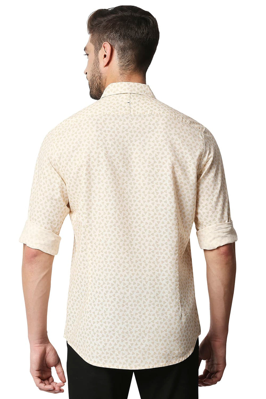 BASICS SLIM FIT NAVAJO BEIGE COTTON HEMP PRINTED SHIRT