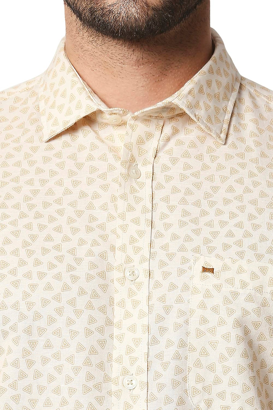 BASICS SLIM FIT NAVAJO BEIGE COTTON HEMP PRINTED SHIRT