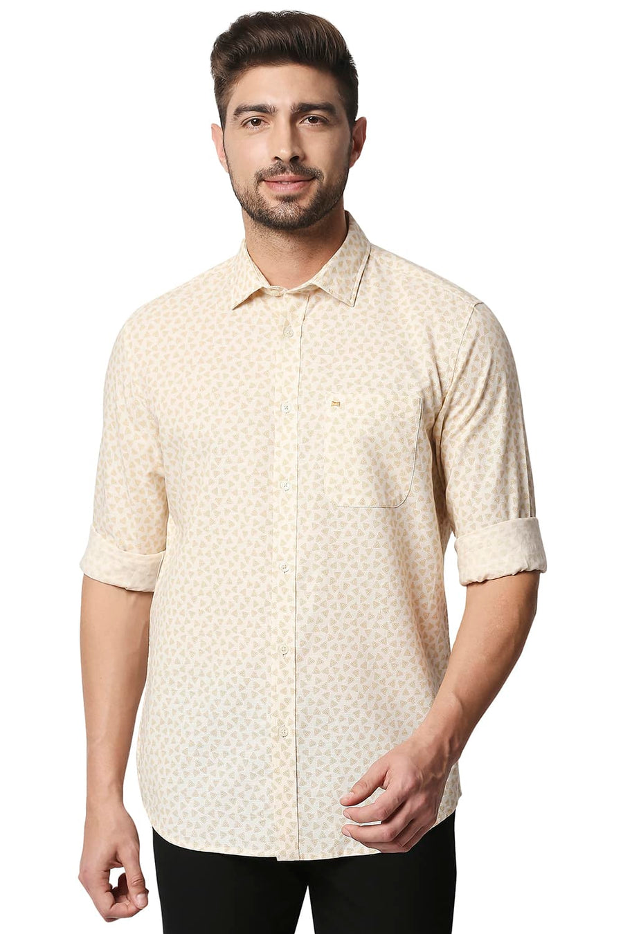 BASICS SLIM FIT NAVAJO BEIGE COTTON HEMP PRINTED SHIRT