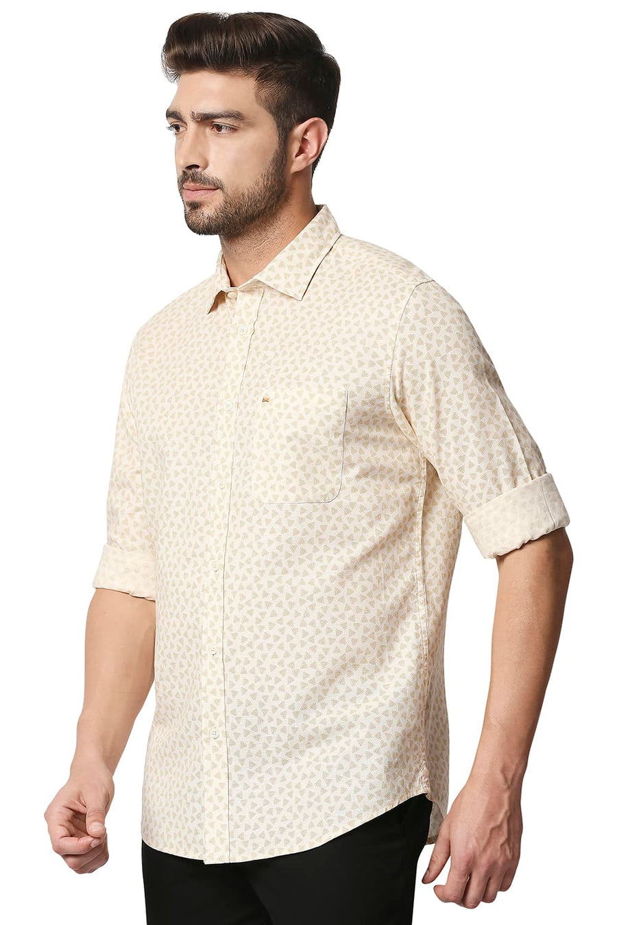 BASICS SLIM FIT NAVAJO BEIGE COTTON HEMP PRINTED SHIRT