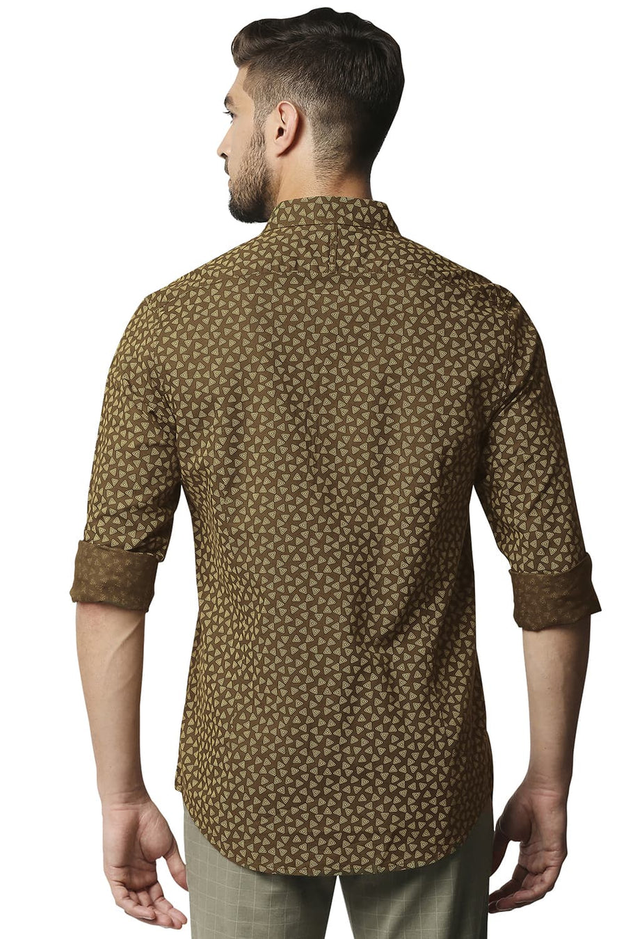 BASICS SLIM FIT CUB BROWN COTTON HEMP PRINTED SHIRT