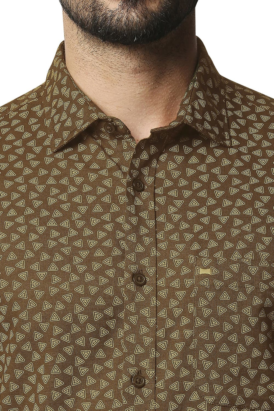 BASICS SLIM FIT CUB BROWN COTTON HEMP PRINTED SHIRT