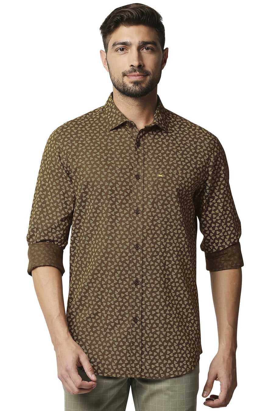 BASICS SLIM FIT CUB BROWN COTTON HEMP PRINTED SHIRT