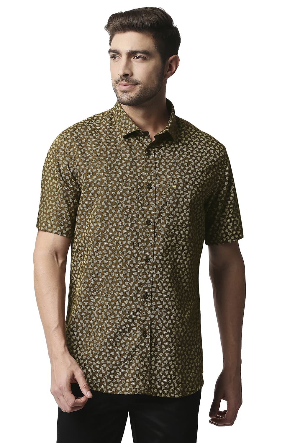 BASICS SLIM FIT COTTON HEMP PRINTED SHIRT