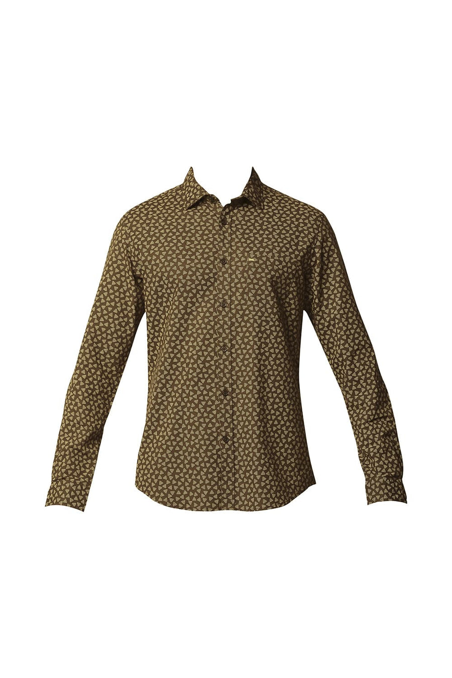 BASICS SLIM FIT CUB BROWN COTTON HEMP PRINTED SHIRT