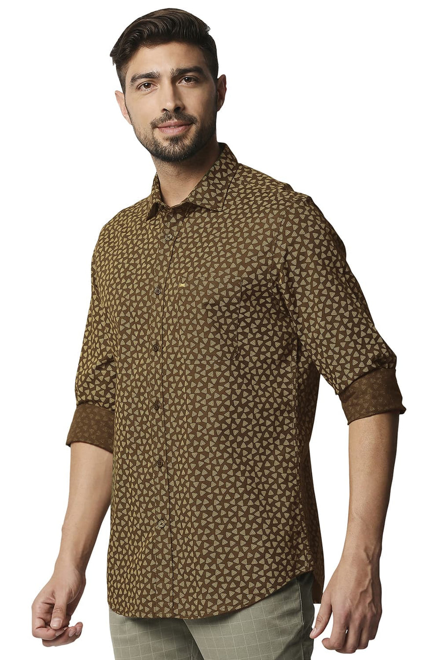 BASICS SLIM FIT CUB BROWN COTTON HEMP PRINTED SHIRT