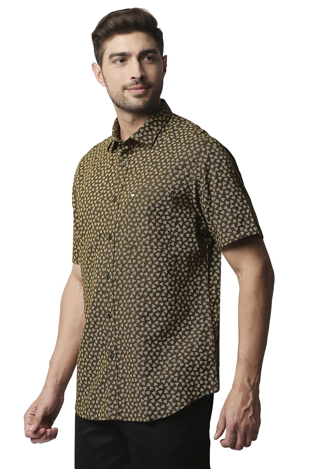 BASICS SLIM FIT COTTON HEMP PRINTED HALFSLEEVES SHIRT