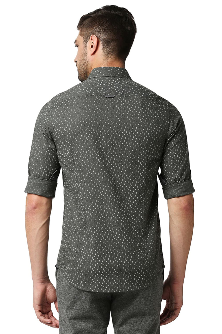 BASICS SLIM FIT GUNMETAL GREY COTTON HEMP PRINTED SHIRT