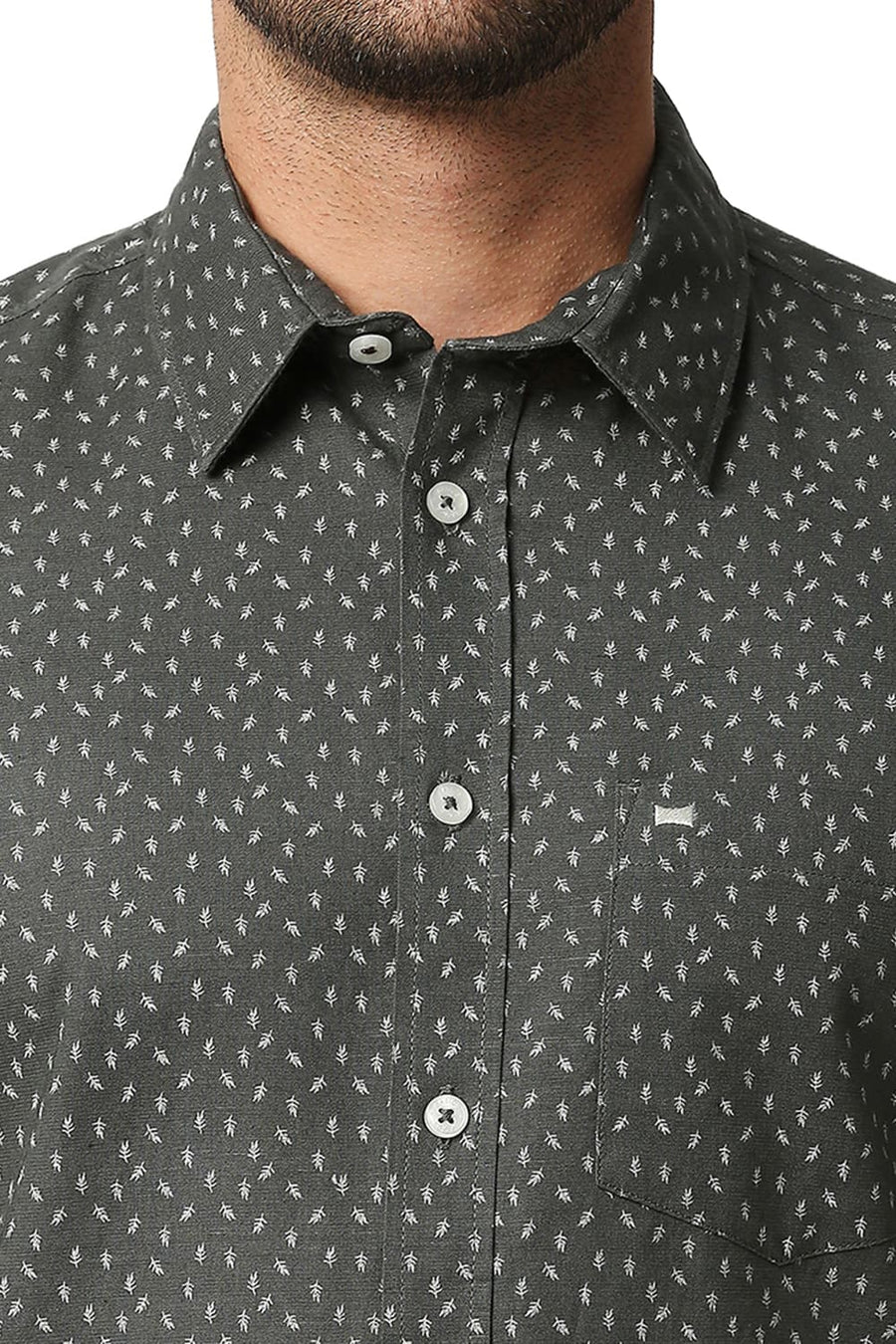 BASICS SLIM FIT GUNMETAL GREY COTTON HEMP PRINTED SHIRT