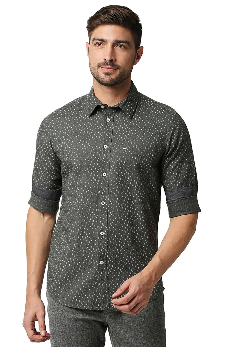 BASICS SLIM FIT GUNMETAL GREY COTTON HEMP PRINTED SHIRT