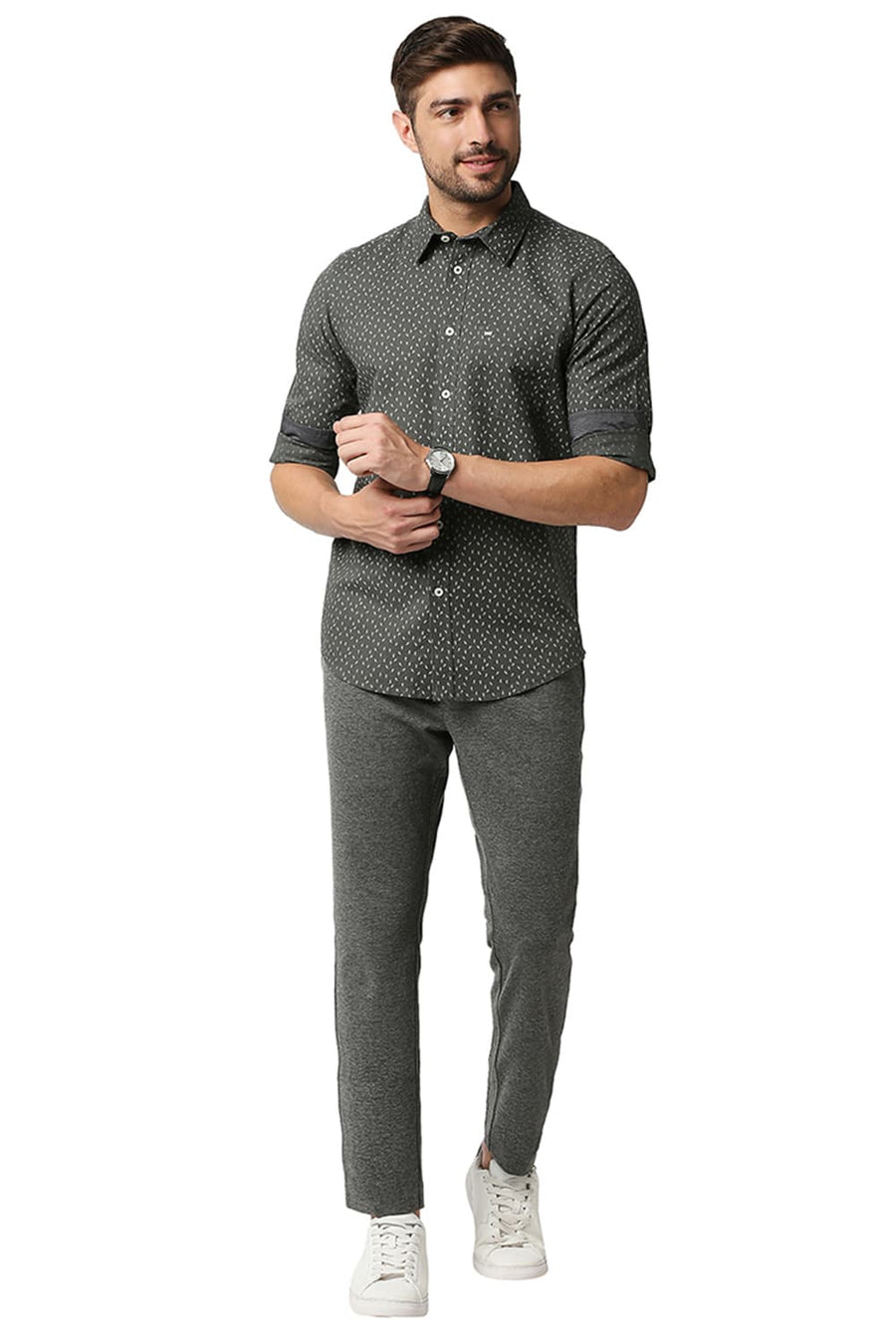 BASICS SLIM FIT GUNMETAL GREY COTTON HEMP PRINTED SHIRT