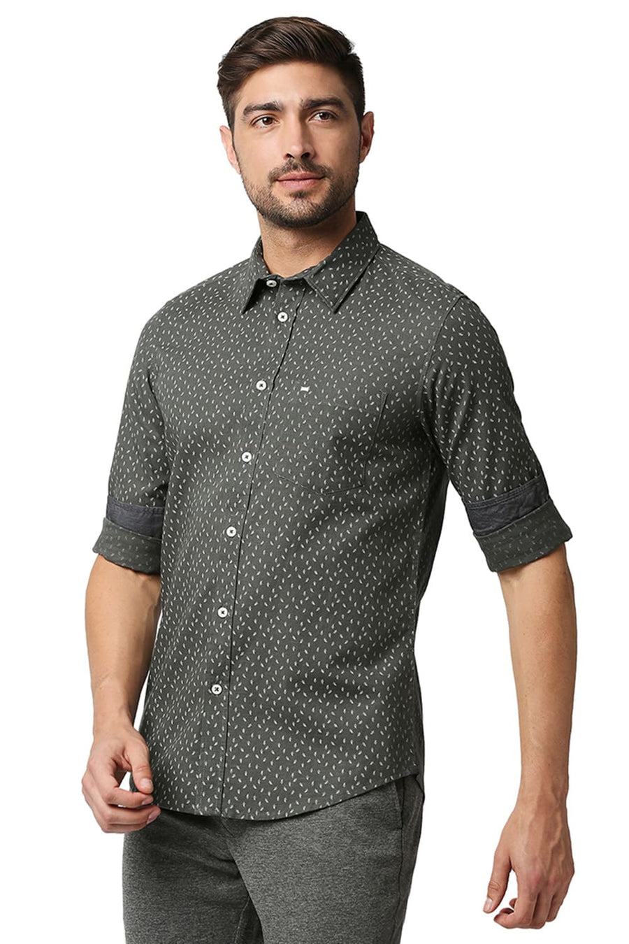 BASICS SLIM FIT GUNMETAL GREY COTTON HEMP PRINTED SHIRT