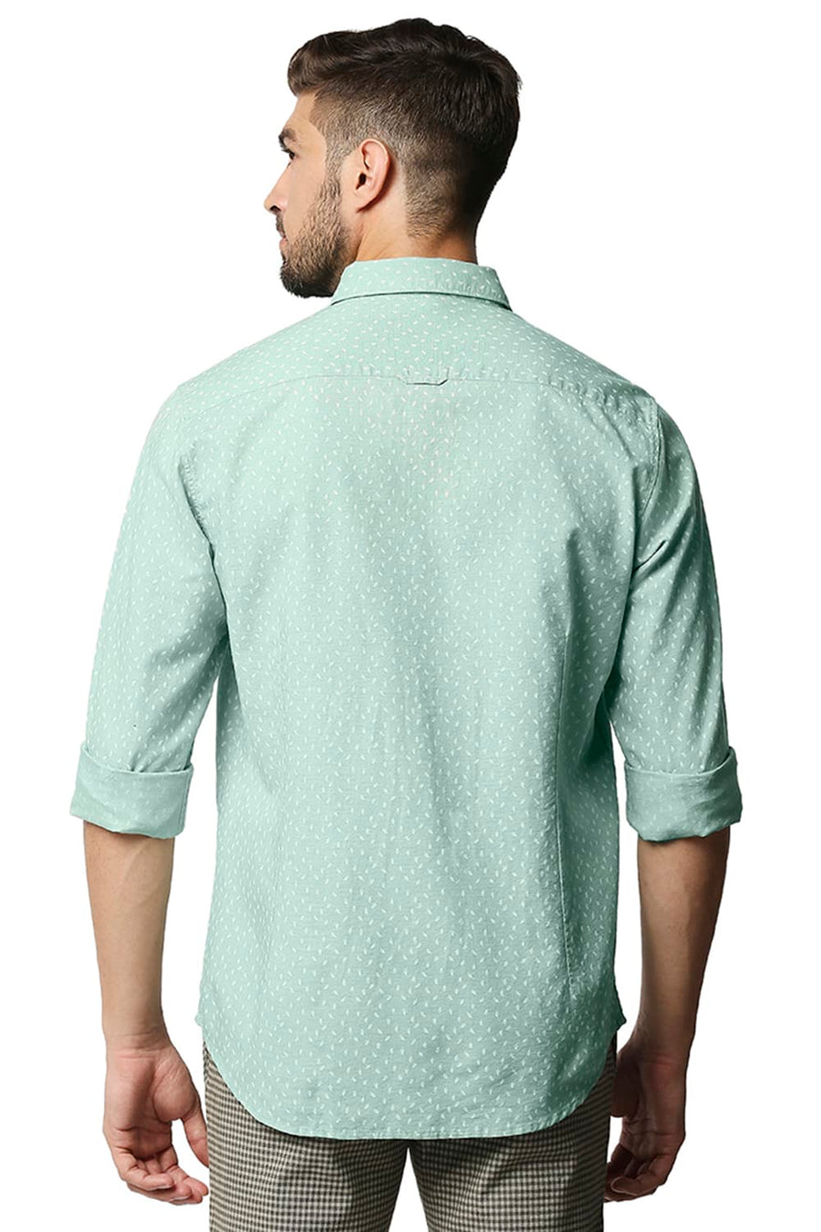 BASICS SLIM FIT MIST GREEN COTTON HEMP PRINTED SHIRT