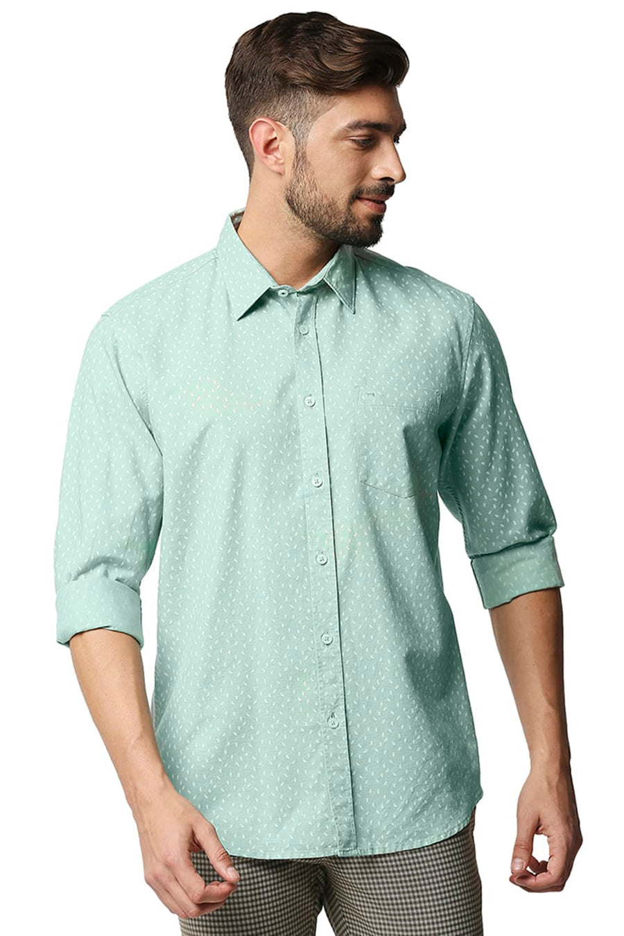 BASICS SLIM FIT MIST GREEN COTTON HEMP PRINTED SHIRT