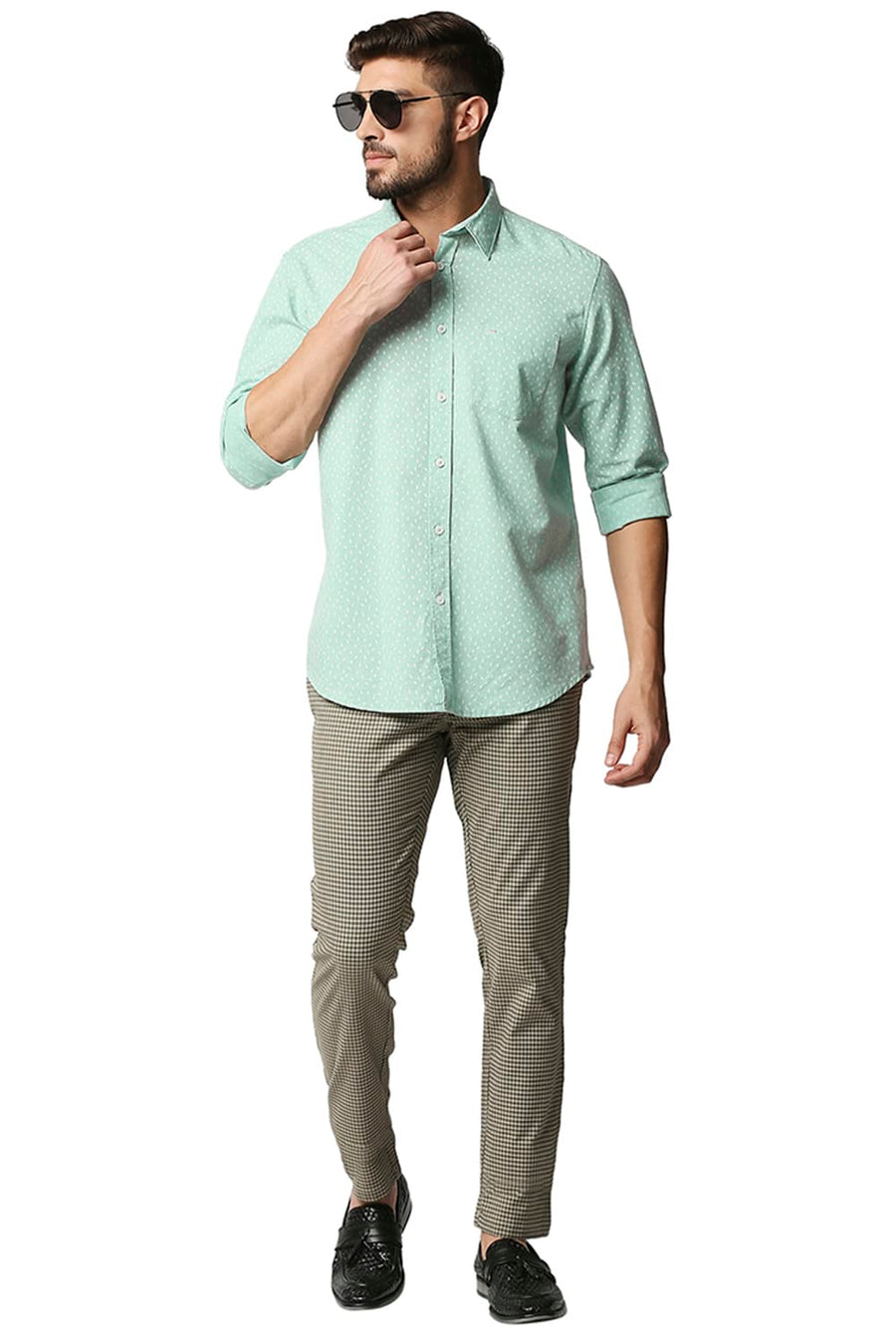 BASICS SLIM FIT MIST GREEN COTTON HEMP PRINTED SHIRT