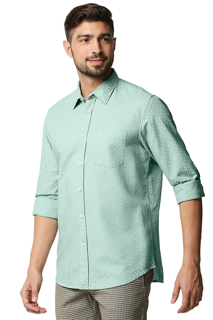 BASICS SLIM FIT MIST GREEN COTTON HEMP PRINTED SHIRT