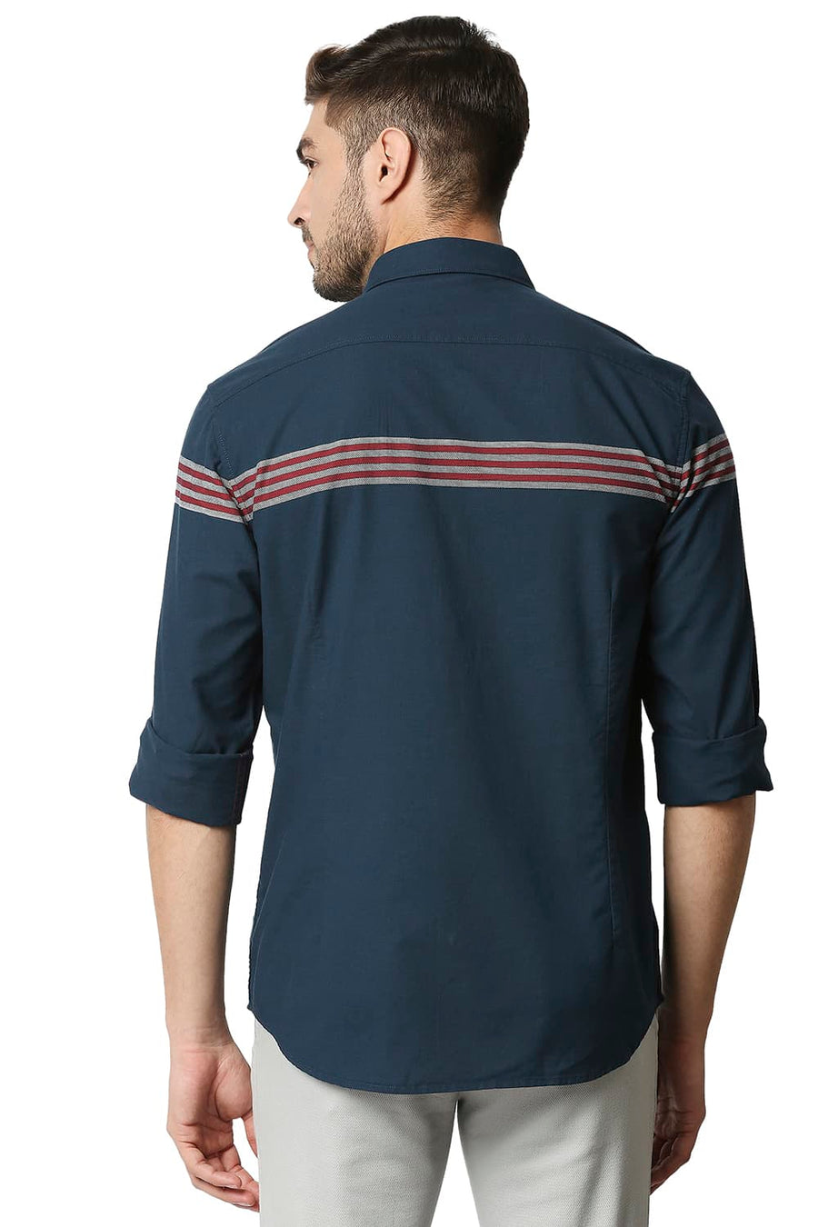 BASICS SLIM FIT STARGAZER NAVY OXFORD ENG WEFT STRIPE SHIRT
