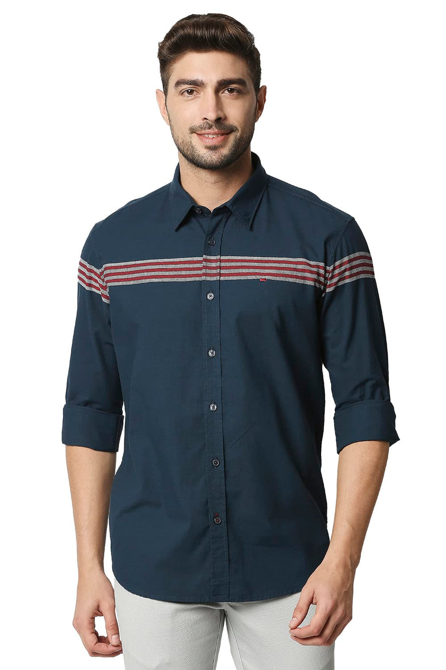 BASICS SLIM FIT STARGAZER NAVY OXFORD ENG WEFT STRIPE SHIRT