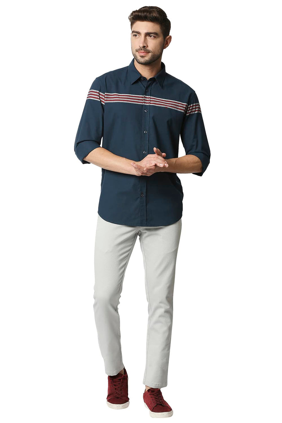 BASICS SLIM FIT STARGAZER NAVY OXFORD ENG WEFT STRIPE SHIRT