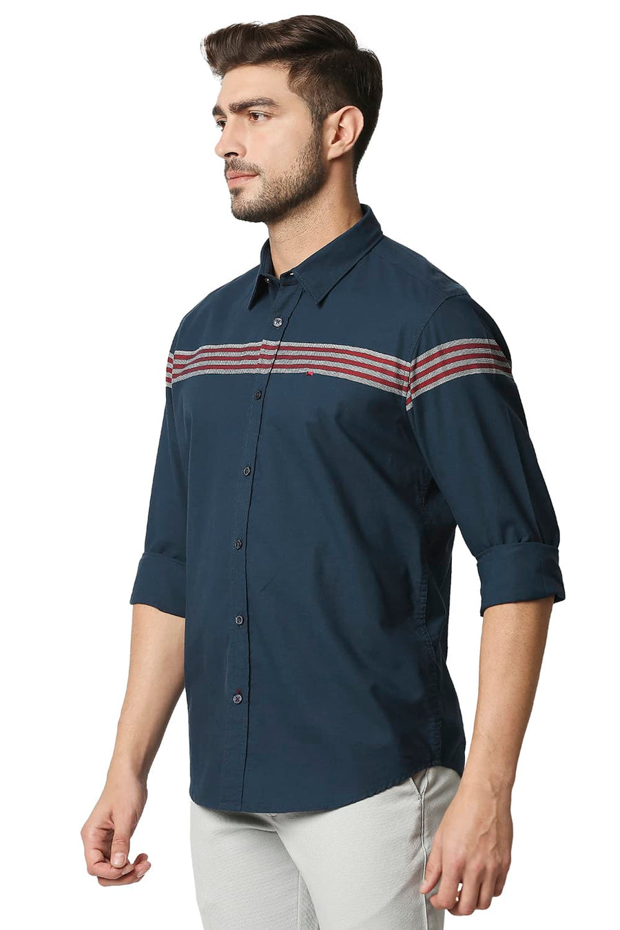 BASICS SLIM FIT STARGAZER NAVY OXFORD ENG WEFT STRIPE SHIRT