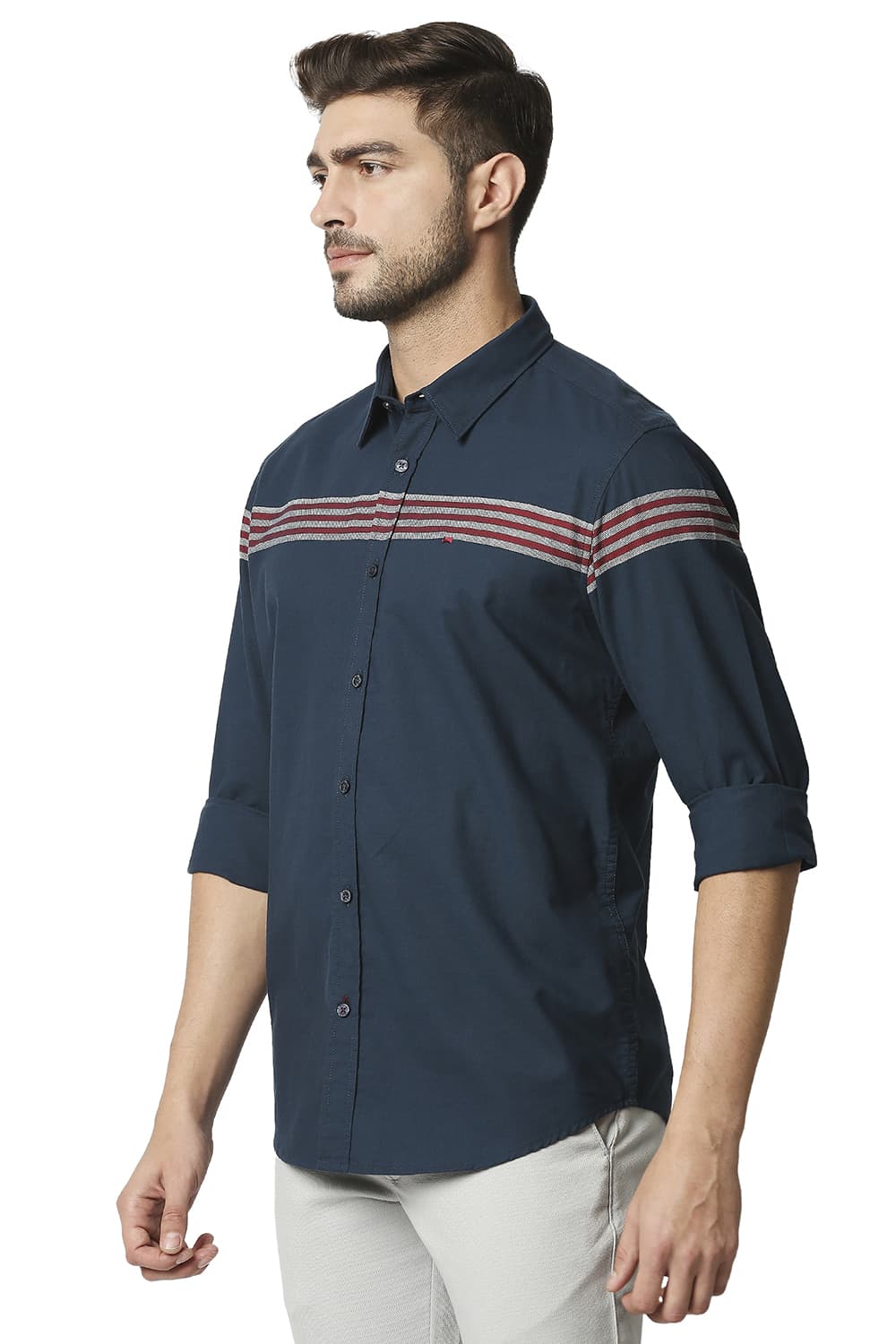 BASICS SLIM FIT OXFORD ENG WEFT STRIPE SHIRT