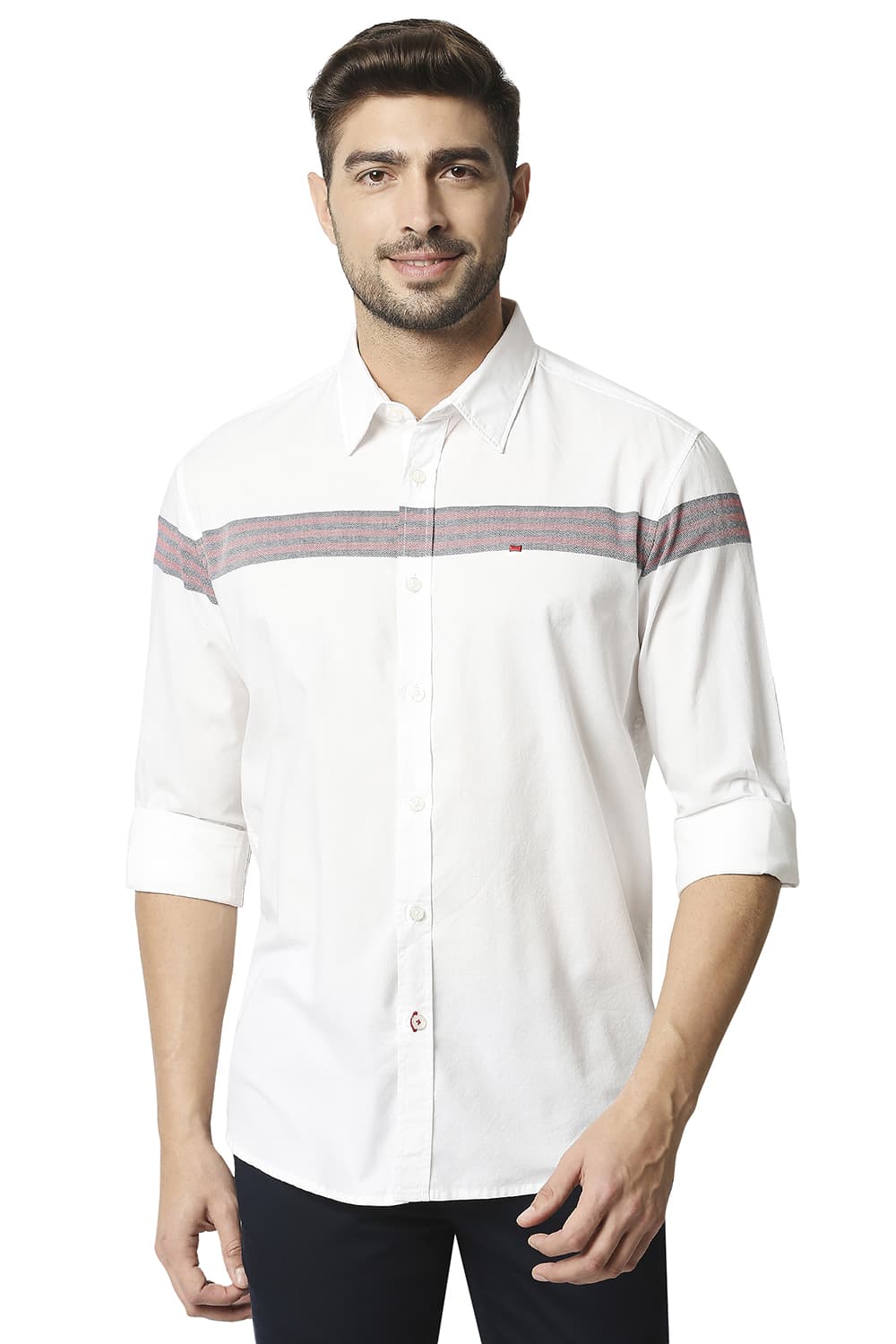 BASICS SLIM FIT OXFORD ENG WEFT STRIPE SHIRT