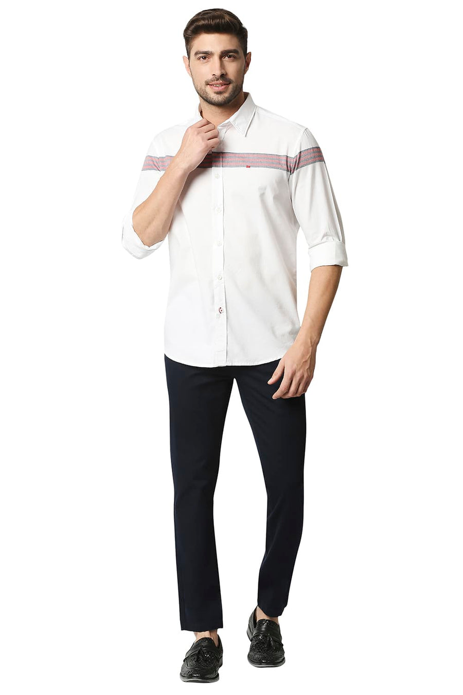 BASICS SLIM FIT CLOUD DANCER WHITE OXFORD ENG WEFT STRIPE SHIRT