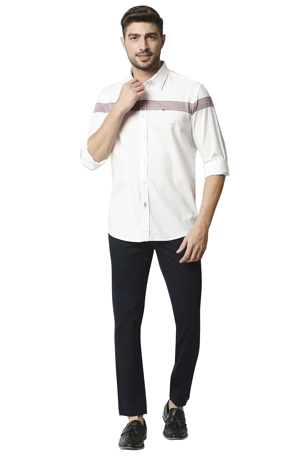 BASICS SLIM FIT OXFORD ENG WEFT STRIPE SHIRT