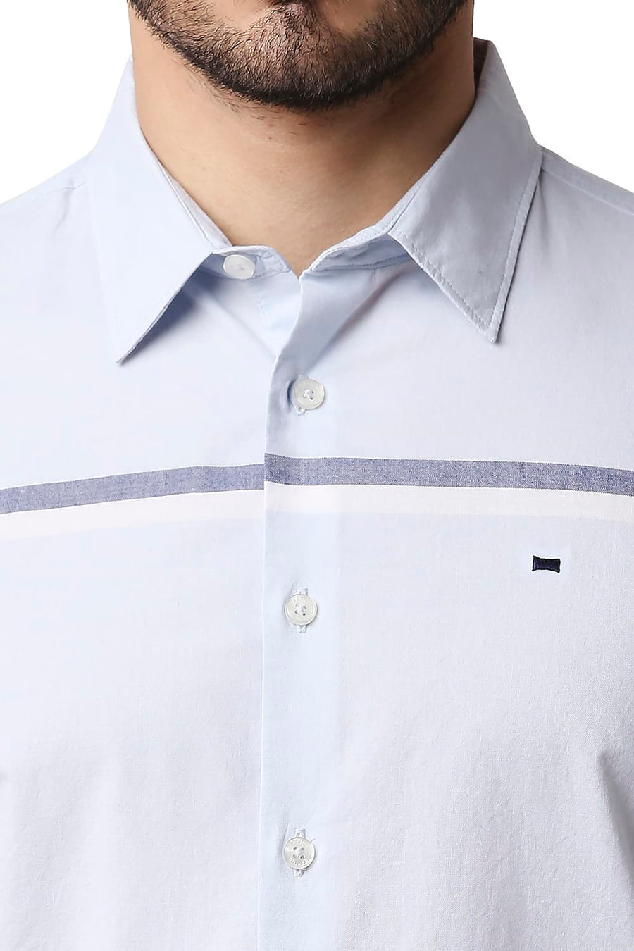 BASICS SLIM FIT ILLUSION BLUE OXFORD ENGINEERING WEFT STRIPE SHIRT