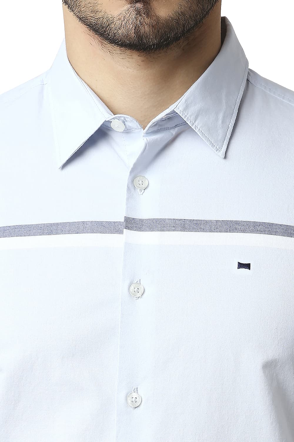 BASICS SLIM FIT OXFORD ENGINEERING WEFT STRIPE HALFSLEEVES SHIRT