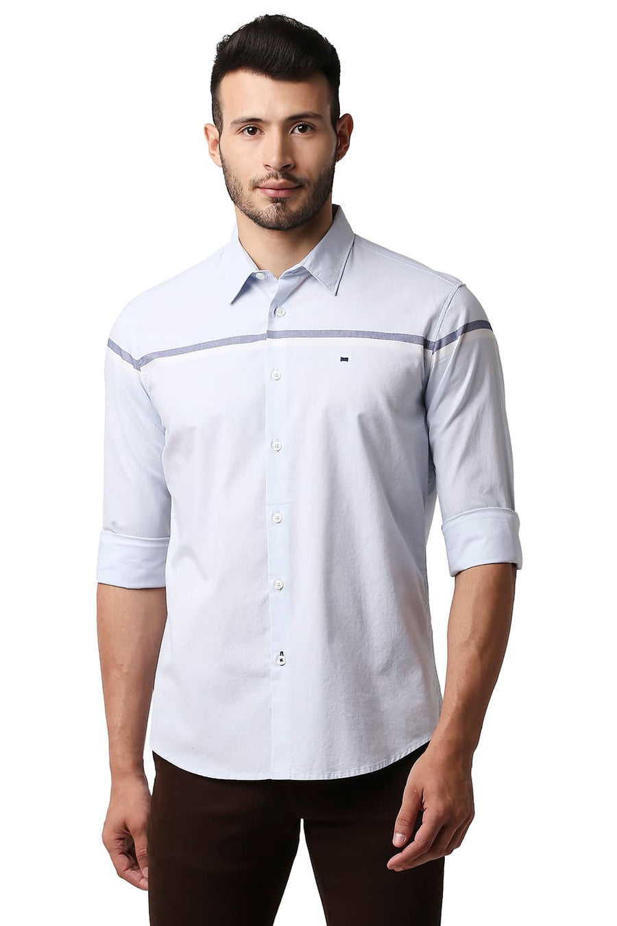 BASICS SLIM FIT ILLUSION BLUE OXFORD ENGINEERING WEFT STRIPE SHIRT