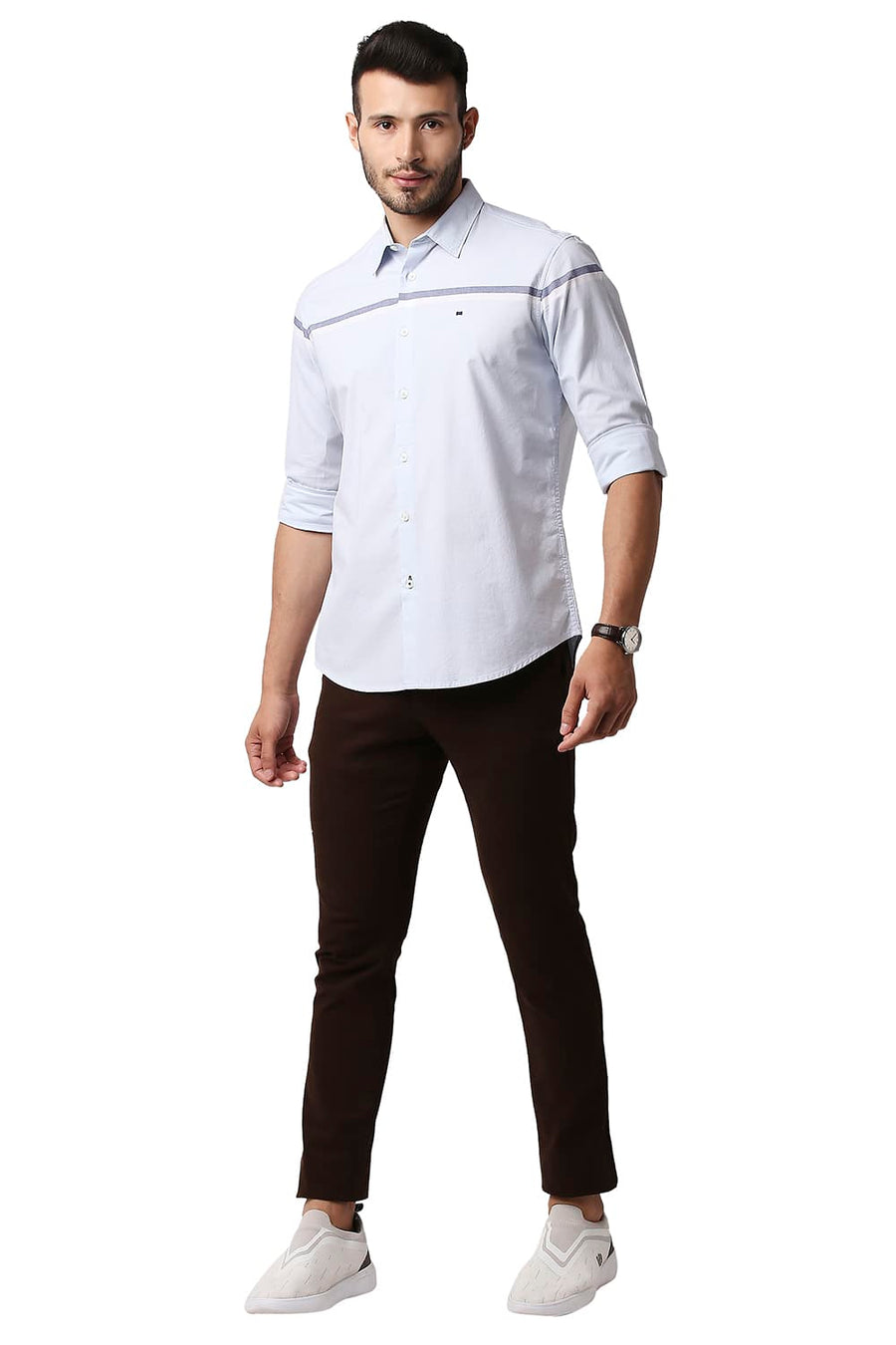 BASICS SLIM FIT ILLUSION BLUE OXFORD ENGINEERING WEFT STRIPE SHIRT