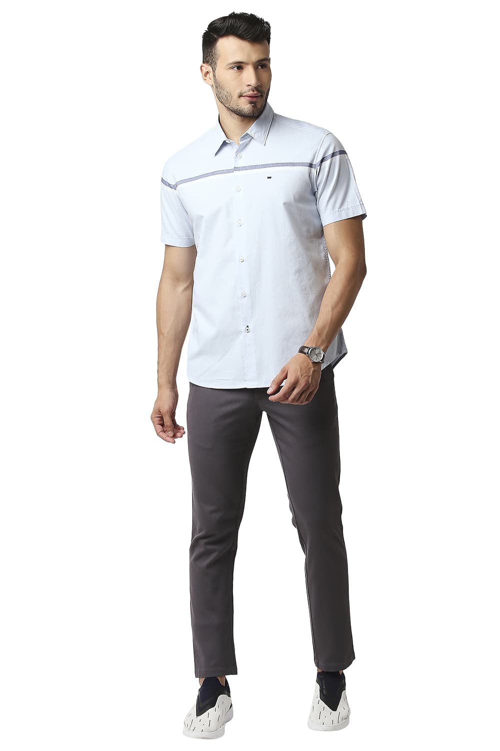 BASICS SLIM FIT OXFORD ENGINEERING WEFT STRIPE HALFSLEEVES SHIRT