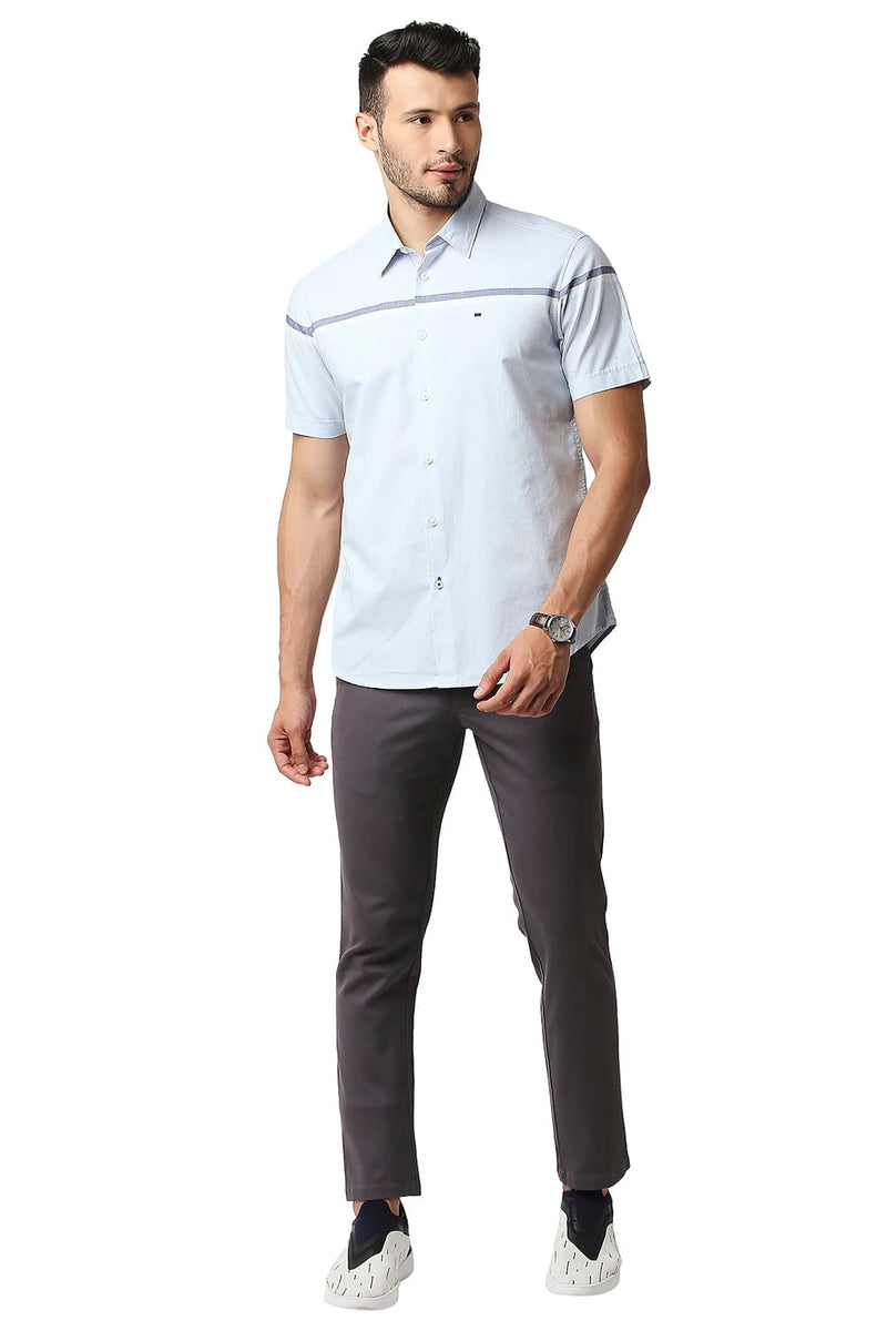 BASICS SLIM FIT OXFORD ENGINEERING WEFT STRIPE HALFSLEEVES SHIRT